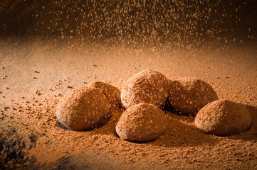 Fototapeta na wymiar Chocolate truffles with powdered cocoa