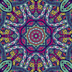 Colorful Tribal Ethnic Festive Abstract Floral Vector Pattern. Geometric mandala meditation trance frame border