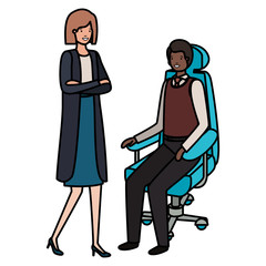 man sitting in office chair and woman standing