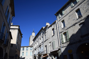 Houses and architecture in the medieval village of Uzes in the Gard region of Provence, France