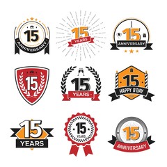 Collection of retro fifteen anniversary logo. Set of Isolated vintage icons of 15 th years celebrating vector illustration