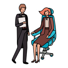 woman sitting in office chair and man with book