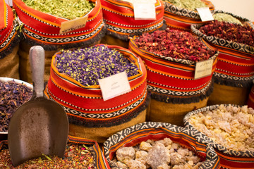 Colorful spices on the traditional arabic souk market.