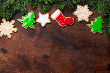 Christmas gingerbread cookies and fir tree