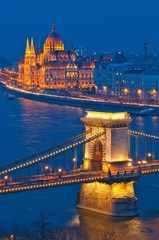 Fototapeta na wymiar Panorama of Budapest, Hungary, with the Chain Bridge and the Parliament.