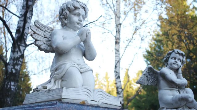 Two statues of angels on the background of birches
