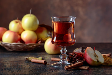 Glass of apple juice or cider with juicy apples and cinnamon sticks.