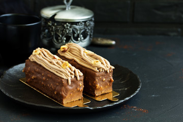 A piece of delicious caramel cake.
