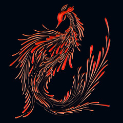 Obraz premium Fire bird on a black background, red phoenix, pattern