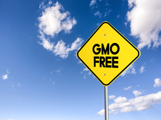  road sign gmo free on the blue sky. 3D illustration