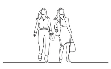 continuous line drawing of two business women walking together and talking