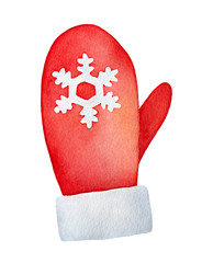 Warm red festive mitten with beautiful snowflake decoration and fluffy fur edge. One single object, cozy seasonal accessory. Hand painted water color graphic illustration on white background, cutout. - obrazy, fototapety, plakaty