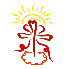 A cross with a red ribbon in the shape of a heart, a crown of thorns at the bottom and the sun at the top