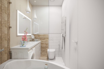3d illustration of an interior design of a white minimalist bathroom