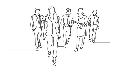 continuous line drawing of business team walking together discussing work © OneLineStock