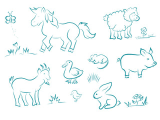 Funny cartoon set of farm animals. Horse, sheep, pig, goat, rabbit, duck, chick, mouse, butterfly on the grass and flowers. Hand drawn doodle vector illustrations