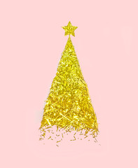 Fototapeta na wymiar Golden Christmas tree made of confetti with star on pastel pink paper background. Happy New Year concept.