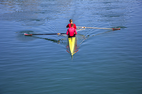 Two scull rowing competitor, rowing race two rower