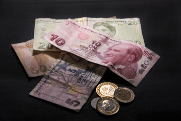 Turkish lira bills and coins on black and white background
