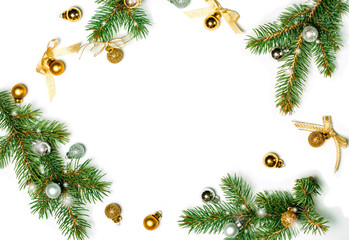 Fototapeta na wymiar Christmas background with golden balls and fir branches isolated on white