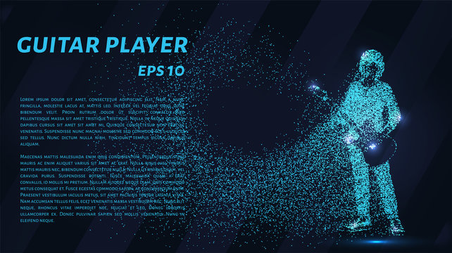 Guitarist glowing blue particles. Guitarist crumbles to the point.