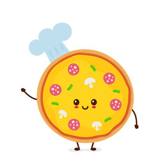 Cute smiling funny cute pizza chef.Vector modern flat style cartoon character illustration.Isolated on white background.Pizza in chef hat concept