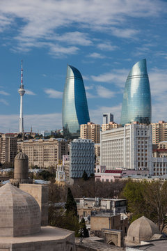 Azerbaijan, Baku, high angle view of Baku Television Tower and Flame Towers