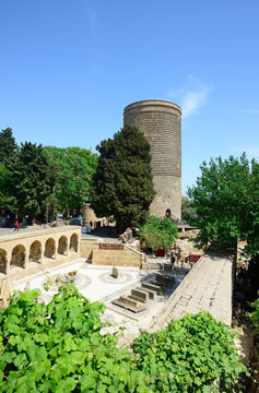 The Maiden Tower (Qiz Qalasi), a 12th century monument in the Old City, and Haji Bani Bath complex (Haji Gayib?s bathhouse), a UNESCO World Heritage Site. Baku, Azerbaijan