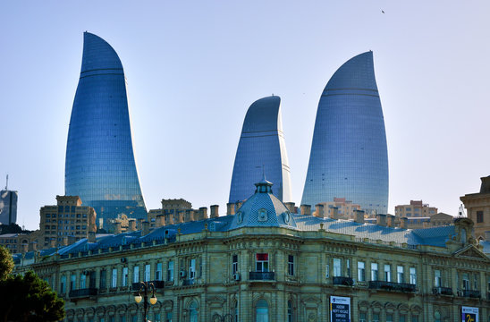 View of Flame Towers in city against clear sky