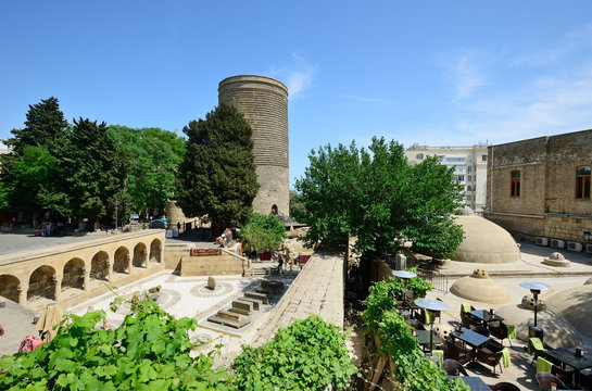 The Maiden Tower (Qiz Qalasi), a 12th century monument in the Old City, and Haji Bani Bath complex (Haji Gayib?s bathhouse), a UNESCO World Heritage Site. Baku, Azerbaijan