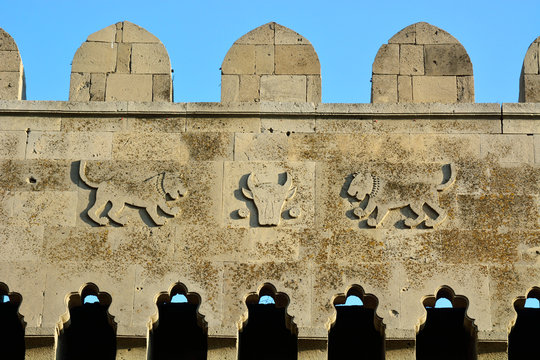 Detail of the Double City Gates (Qosa qala Qapisi) dating back to the 12th century, the main entrance to the old city, a Unesco World Heritage Site. Baku, Azerbaijan