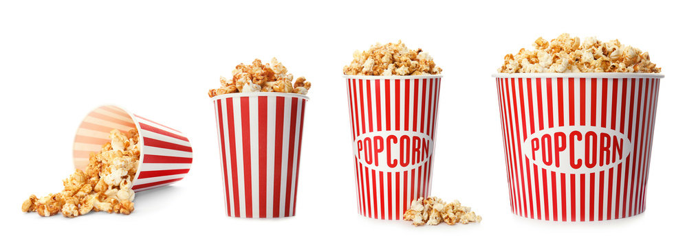 Set with different cardboard containers of caramel popcorn on white background