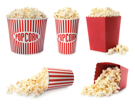 Set with different cardboard containers of tasty popcorn on white background
