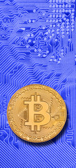 Bitcoin Münze als Kryptowährung auf Computer Platine