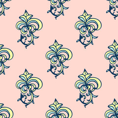 Cute damask, fleur de lis abstract seamless pattern with hand drawn decoration.  Vector illustration. © _aine_