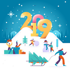 Happy New Year and Merry Christmas greeting card 2019 with winter outdoor leisure activities. People walking in the winter park. Kids making a snowman. Vector illustration.