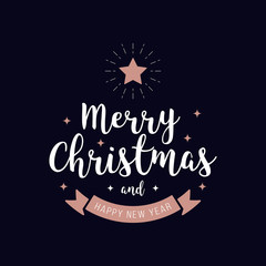Fototapeta premium Merry christmas greeting text rosegold blue background