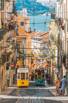 Portugal, Lisbon. The famous Elevador da Bica funicular.