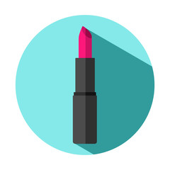 Vector illustration of isolated icon pink lipstick with black tube on a blue circle background