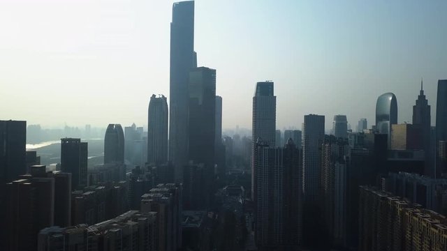 Aerial shot of Guangzhou downtown central buildings district (CBD) on a sunny day in the afternoon