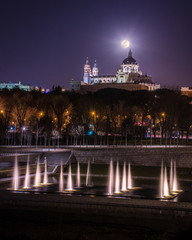 Fototapeta na wymiar Moonlight and the Almudena Cathedral in Madrid Spain