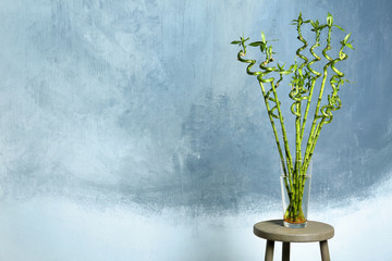 Table with bamboo plant in glass vase near color wall. Space for text