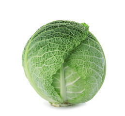 Obraz premium Fresh green savoy cabbage on white background