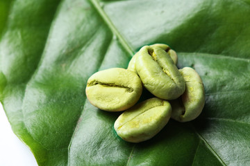 Green coffee beans on fresh leaf, closeup