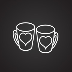 Lovers mugs with heart thin line on black background icon
