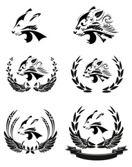 Collection of black floral silhouettes of panther head, tattoo tribal symbol