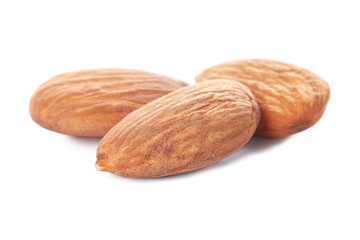 Organic almond nuts on white background. Healthy snack