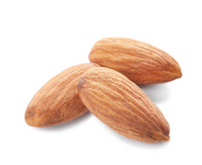 Organic almond nuts on white background. Healthy snack