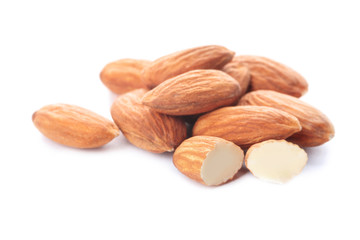 Organic almond nuts on white background. Healthy snack