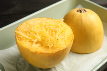 Cooked cut spaghetti squash in baking dish